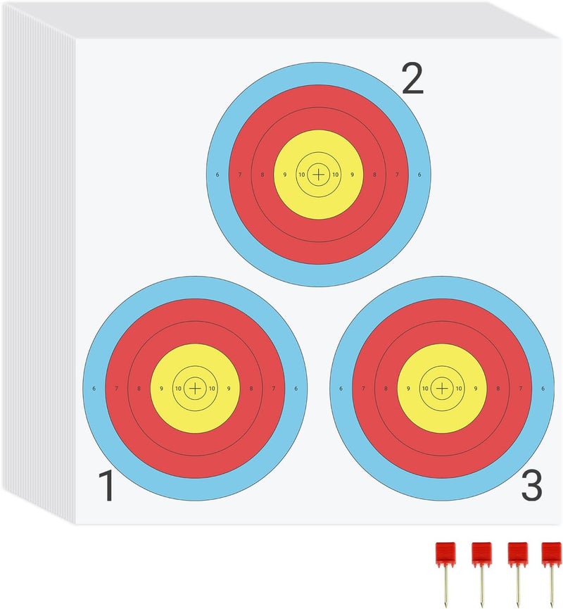 suituts 100 pcs Archery Targets Paper 3 Spot Bow and Arrow Target Paper 17 x 17 Inch Paper Archery Targets, 4 Pcs Archery Target Pins Included - Image 1